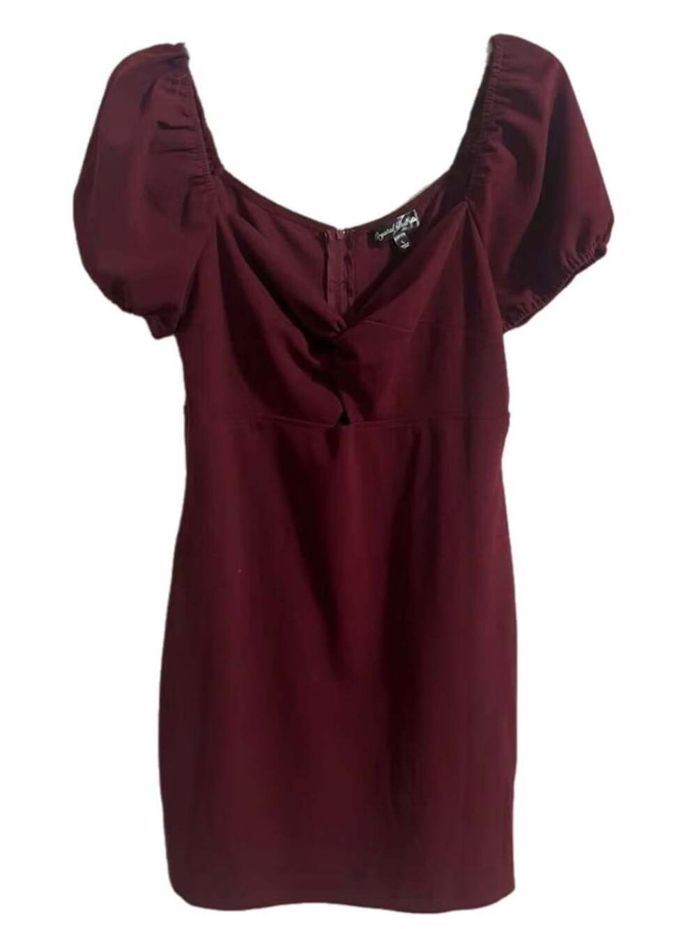 lg Burgundy BodyCon mini dress, Crystal Doll, Puff Sleeve ,Ruched , sexy cutout